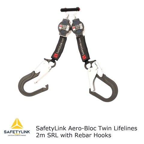 SRL Aero-Bloc Self Retracting Lifeline Twin Lifelines 2m with Rebar Hooks