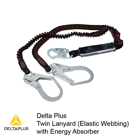 Lanyard - Twin Elastic Webbing, Energy Absorber, Snap & Rebar Hooks